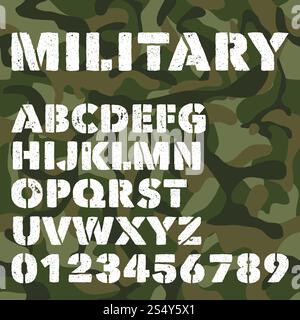 Altes Militäralphabet, fettgedruckte Buchstaben und Zahlen auf grünem Tarnhintergrund der Armee. Schablonenvektorschriftart. Vektor-Alphabet-Schrift, Armee-Militärbuchstaben und Schriftsatzillustration. Altes Militäralphabet, fettgedruckte Buchstaben und Zahlen auf grünem Tarnhintergrund der Armee. Schablonenvektorschriftart Stock Vektor