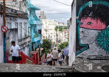 Ein Wandbild oben auf der Escadaria Selaron oder Lapa Treppe in Rio de Janeiro Stockfoto