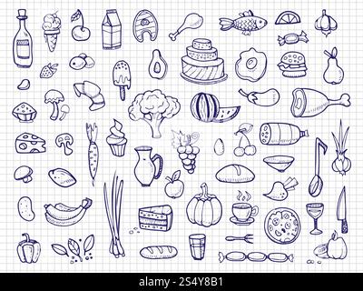 Handgezeichnete Lebensmittel, Gemüse, Getränke, Snacks, Fast Food Kritzelvektorsymbole. Illustration von köstlichem Käse und Eiern, Süßigkeiten und Pizza. Handgezeichnete Lebensmittel, Gemüse, Getränke, Snacks, Fast Food Kritzelvektorsymbole Stock Vektor