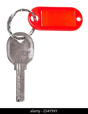 alte Türschlüssel mit roten leerer Schlüsselbund isoliert auf weißem Hintergrund Stockfoto