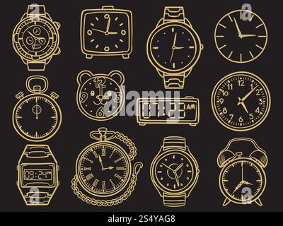 Hand gezeichnete goldene Armbanduhr, Kritzelskizzieren Uhren, Wecker und Uhr isoliert auf schwarzem Hintergrund. Vektorabbildung. Handgezeichnete Armbanduhr, Doodle Sketch Uhren Stock Vektor