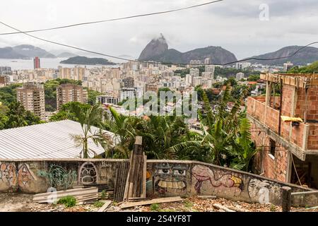 Durcheinander geworfene Häuser auf dem Hügel in Favela Pereira da Silva, Rio de Janeiro, Brasilien Stockfoto
