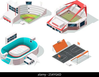 Außenbereich der Baseball-, Fußball-, Hockey- und Basketballstadien. Gebäude im isometrischen Stil. Vektor der Fußball- und Basketballsport Stadion, Baseball und Fußball Arena Illustration. Außenbereich der Baseball-, Fußball-, Hockey- und Basketballstadien. Gebäude im isometrischen Stil Stock Vektor