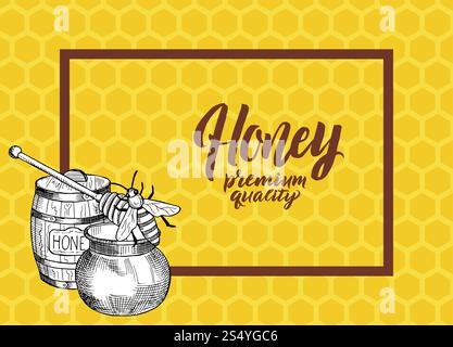 Vektorhintergrund mit skizzierten konturierten Honigthemenelementen mit Platz für Text und Rahmen auf Wabenhintergrund Illustration. Vektorhintergrund mit skizzierten Honigelementen mit Platz für Text Stock Vektor