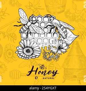 Vektorhintergrund mit skizzierten konturierten Honigthemenelementen und Platz für Text. Bienenzucht und Honigwaben, skizzenhafte Nachtisch-Honig-Illustration. Vektorhintergrund mit skizzierten konturierten Honigthemenelementen und Platz für Text Stock Vektor