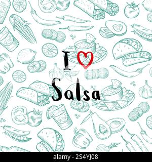 Vektorbanner Poster mit skizzierten mexikanischen Lebensmittelelementen Hintergrund mit Schriftbild Illustration. Vektor skizzierte mexikanische Essenselemente Hintergrund mit Schriftzug Stock Vektor