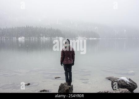 Nebeliger See bei Winterschnee Stockfoto