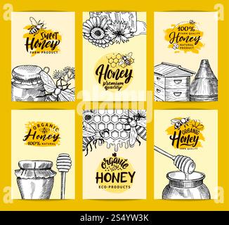 Vektorkarten-Vorlagen-Set für Honigladen oder Bauernhof mit skizzierten konturierten Honigthemenelementen und handgezeichneten Logos. Honigbanner Set, süßes Essen und Imkerei Illustration. Vektorkarten-Vorlagen-Set für Honigladen oder Bauernhof mit skizzierten konturierten Honigthemenelementen und handgezeichneten Logos Stock Vektor