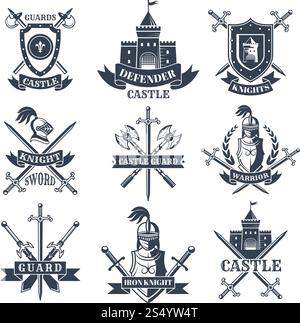 Etiketten oder Abzeichen mit Bildern von mittelalterlichen Rittern, Helmen und Schwertern. Mittelalterliches Emblem und Schildpanzer, Vintage-Abzeichen der Heraldik. Vektorabbildung. Etiketten oder Abzeichen mit Bildern von mittelalterlichen Rittern, Helmen und Schwertern Stock Vektor