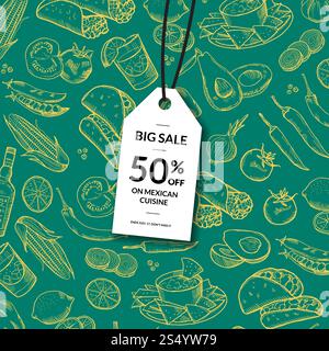Vektorverkauf Tag mit Hintergrund skizzierte mexikanische Lebensmittel Elemente Illustration. Vektorverkauf Tag mexikanisches Essen Stock Vektor