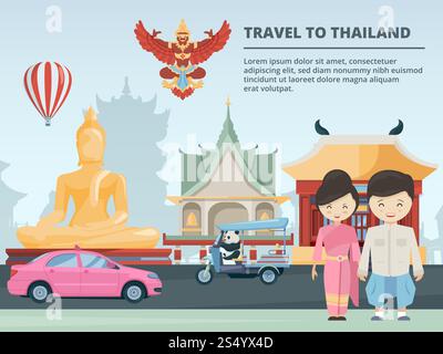Stadtlandschaft mit Gebäuden und kulturellen Wahrzeichen Thailands. Architektur und Tourismuskultur asiatisch. Vektorabbildung. Stadtlandschaft mit Gebäuden und kulturellen Wahrzeichen Thailands Stock Vektor