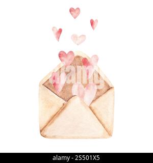 Ein offener, handgefertigter Umschlag mit rosafarbenen und roten Herzen symbolisiert Liebe, Romantik und Zuneigung. Komposition zum Valentinstag oder zur Hochzeit. Aquarellhand Stockfoto