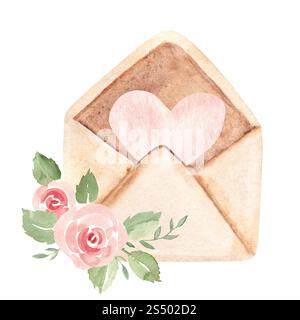 Offener handgefertigter Umschlag mit rosafarbenem Herz innen, verziert mit rosa Rosen und Grün. Aquarell handgezeichnet Vintage Illustration in Pastellfarben Stockfoto