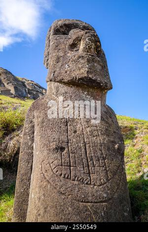 Moai Statue auf dem Rano Raraku Vulkan, osterinsel, Chile. Moai Statue auf dem Rano Raraku Vulkan, osterinsel Stockfoto