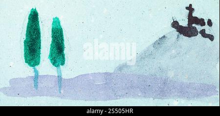 Ausbildung im Suibokuga Stil mit Aquarellfarben - Landschaft auf blau farbigem Papier zeichnen Stockfoto