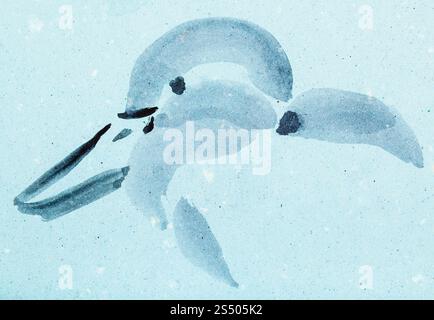 Ausbildung im Suibokuga Stil mit Aquarellfarben - Ente auf blau farbigem Papier zeichnen Stockfoto