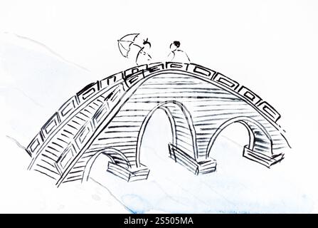 Ausbildung im Suibokuga Stil mit Aquarellfarben - Brücke über den River auf weißem Papier zeichnen Stockfoto