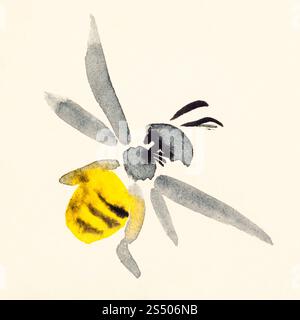 Ausbildung Zeichnung in suibokuga Sumi-e Stil mit Wasserfarben - Biene auf cremefarbenem Papier gemalt Stockfoto