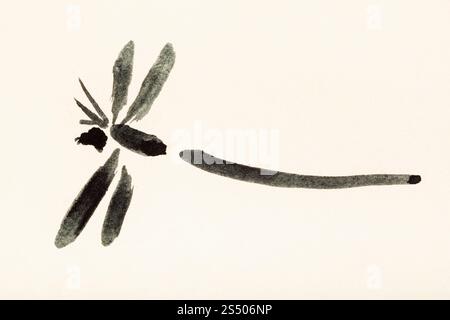 Ausbildung Zeichnung in suibokuga Sumi-e Stil mit Wasserfarben - Libelle auf cremefarbenem Papier gemalt Stockfoto