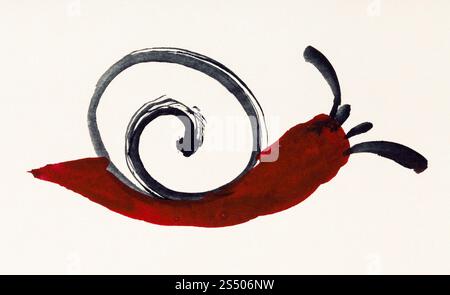 Ausbildung Zeichnung in suibokuga Sumi-e Stil mit Wasserfarben - Schnecke auf cremefarbenem Papier gemalt Stockfoto