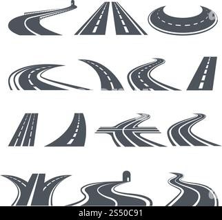 Stilisierte Symbole für Straße und Autobahn. Bilder für das Logo-Design. Vektorstraße und -Weg, Asphaltweg und Autobahnkurve Illustration. Stilisierte Symbole für Straße und Autobahn. Bilder für das Logo-Design Stock Vektor