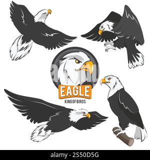 Set von Zeichentrickadlern in verschiedenen Actionpositionen. Vektor-Adler-Tier-fliegende Illustration. Set von Zeichentrickadlern in verschiedenen Actionpositionen Stock Vektor