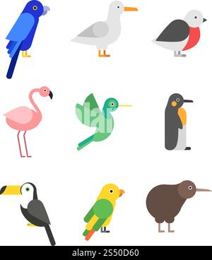 Exotische Vögel im flachen Stil. Stilisierte Bilder Set mit farbigen Vögeln Tier, wilden tropischen Papagei und calibri. Vektorabbildung. Exotische Vögel im flachen Stil. Stilisierte Bilder Stock Vektor