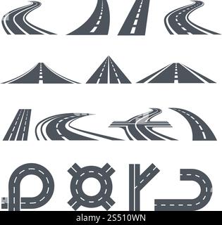 Isolierte Vektorbilder von Wegen, verschiedenen Straßen und langen Autobahnen. Abbildung: Straßenweg, Kurvenweg Asphalt des SET. Isolierte Vektorbilder von Wegen, verschiedenen Straßen und langen Autobahnen Stock Vektor