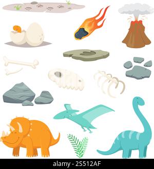 Dinosaurier, Steine und andere Symbole der prähistorischen Zeit. Dinosaurier und Meteoritensteine, prähistorische Tiere. Vektorabbildung. Dinosaurier, Steine und andere Symbole der prähistorischen Zeit Stock Vektor