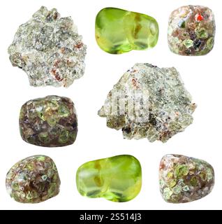 Sammlung von natürliche mineralische Proben - verschiedene Peridot (Türkis, Olivin) Gem Stones auf weißem Hintergrund Stockfoto