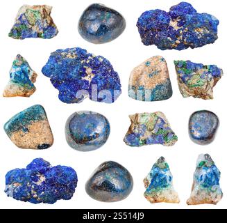 Sammlung von natürliche mineralische Proben - verschiedene Azurit Edelsteine auf weißem Hintergrund Stockfoto