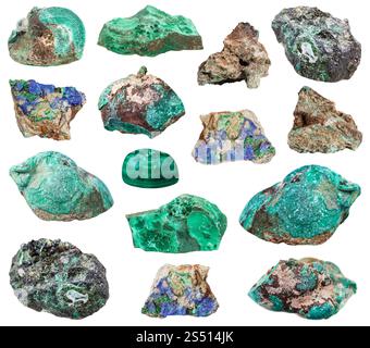 Sammlung von natürliche mineralische Proben - verschiedene Malachit Steinen auf weißem Hintergrund Stockfoto