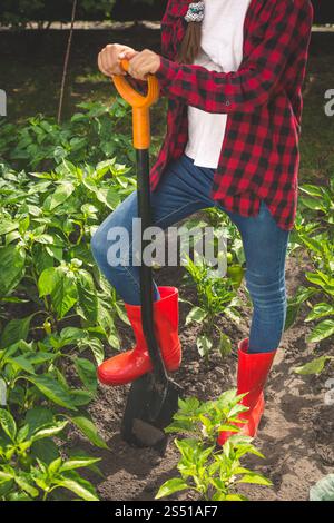 Nahaufnahme-Foto einer jungen Frau in roten Gummistiefeln beim Graben von Erde im Garten. Nahaufnahme-Bild einer jungen Frau in roten Gummistiefeln Stockfoto