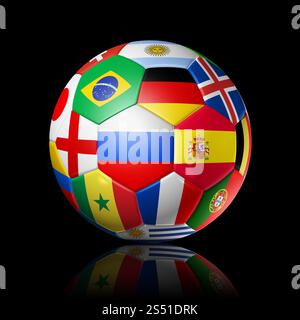Russland 2018. Fußball mit Nationalflaggen auf schwarzem Hintergrund. 3D-Fußball mit Nationalflaggen. Russland 2018. Stockfoto