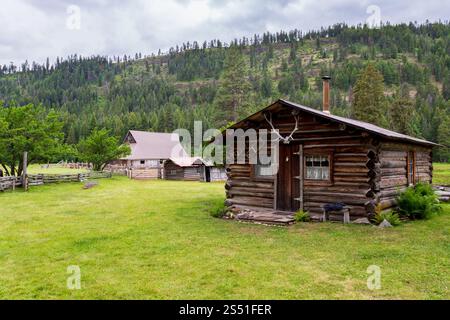 Rustikale Blockhütte in einem malerischen Bergtal mit üppiger grüner Weide, Red's Horse Ranch, Eagle Cap Wilderness, Oregon Stockfoto