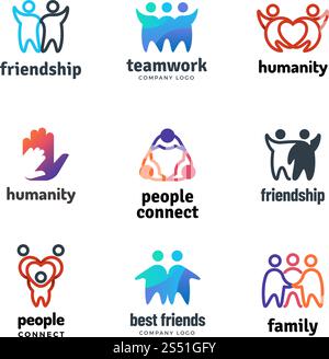 Freundschaft Gemeinschaft freundliche Team Menschen zusammen Zusammenarbeit Vektor-Logo Set. Illustration von Teamarbeit und Partnerschaft, Symbole für die gemeinsame Einheit. Freundschaft Gemeinschaft freundliche Team Menschen zusammen Zusammenarbeit Vektor-Logo Set Stock Vektor