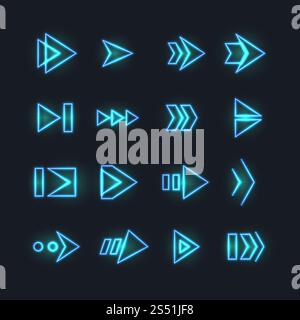 Directional neon arrows. Pointers, orientation arrowhead with luminosity effect. Futuristic hud interface vector elements. Color electricity bright illuminated vintage arrow illustration. Directional neon arrows. Pointers, orientation arrowhead with luminosity effect. Futuristic hud interface vector elements Stock Vektor
