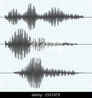 Frequenzseismographen Wellen, Seismogramm, Erdbebendiagramme. Seismische Wellenvektorset. Abbildung: Schaubild des Schwingungsseismometers, Kurvenaufzeichnung. Frequenzseismographen Wellen, Seismogramm, Erdbebendiagramme. Seismische Wellenvektorset Stock Vektor