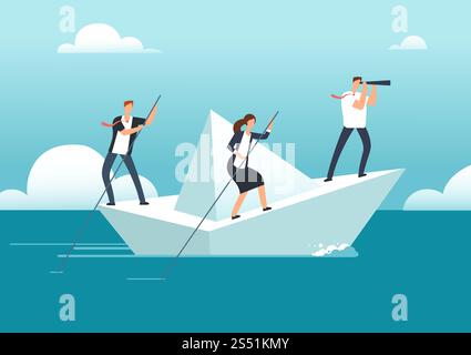 Geschäftsteam mit Führungskraft, der auf einem Papierboot im Ozean voller Möglichkeiten zum Zielen segelt. Erfolgreiches Teamwork- und Führungsvektorkonzept. Erfolgreiche Mitarbeiter mit Hauptmanager-Illustration. Geschäftsteam mit Führungskraft, der auf einem Papierboot im Ozean voller Möglichkeiten zum Zielen segelt. Erfolgreiches Teamwork- und Führungsvektorkonzept Stock Vektor
