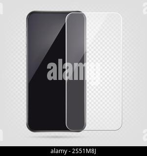 Realistisches Smartphone, Schutzfolie, transparente Glasabdeckung für Mobiltelefone. Kunststoffschutz gegen Beschädigung Vektordarstellung. Schutzabdeckung für Telefon, Abschirmung zum Display. Realistisches Smartphone, Schutzfolie, transparente Glasabdeckung für Mobiltelefone. Kunststoffschutz gegen Beschädigung Vektordarstellung Stock Vektor