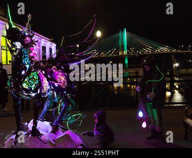 Beleuchtete Fantasy-Skulptur, die während eines lebhaften nächtlichen Kunstfestivals in Portland, Oregon, ausgestellt wird Stockfoto