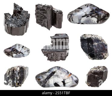 Sammlung von verschiedenen schwarzen Turmalin (Schörl) Edelsteine auf weißem Hintergrund Stockfoto