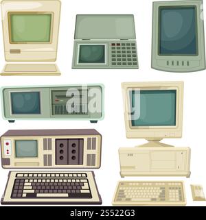 Vintage-Illustrationen von Desktop-Computern und anderen technischen Geräten. Retro-Gerät mit Tastatur, Monitor Vintage. Vintage-Illustrationen von Desktop-Computern und anderen technischen Geräten Stock Vektor