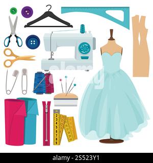 Vektorbilder von Nähwerkzeugen werden auf weißem Hintergrund isoliert. Abbildung: Nähmaschine, Faden und Nadel zum Nähen. Vektorbilder von Nähwerkzeugen werden auf weißem Hintergrund isoliert Stock Vektor