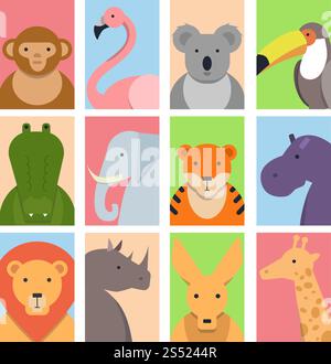 Süße quadratische Avatare mit wilden Tieren. Elefanten und Nashörner, Giraffen und Flusspferde, Flamingo und Krokodile. Vektorabbildung. Süße quadratische Avatare mit wilden Tieren Stock Vektor