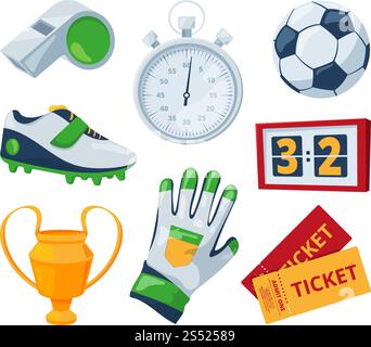 Zeichentricksymbole des Fußballs. Vektor-Sportdarstellungen. Sportspiel Fußball, Ball und Cup Trophäe, Stoppuhr und Handschuh. Zeichentricksymbole des Fußballs. Vektor-Sportdarstellungen Stock Vektor