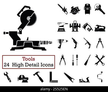 Satz mit 24 Symbolen für Werkzeuge. Einfarbiges Design. Vektorabbildung. Stockfoto