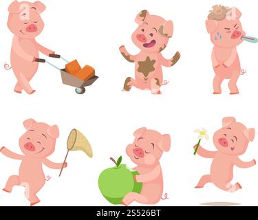 Comic lustige Schweine in Action-Posen. Schweinekrickfilm, Tierfigur. Vektorabbildung. Comic lustige Schweine in Action-Posen Stock Vektor