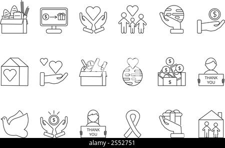 Symbole von Freiwilligen und Wohltätigkeitsorganisationen. Monoline-Symbole gesetzt. Vektor Spenden Geld, Spenden und Unterstützung, gemeinnützige freiwillige Illustration. Symbole von Freiwilligen und Wohltätigkeitsorganisationen. Monoline-Symbole gesetzt Stock Vektor
