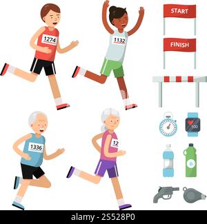 Sportzubehör für Läufer. Vektor-Sport-Läufer-Marathon, Illustration von Fitness-Jogging, Stoppuhr und Wasserflasche. Sportzubehör für Läufer Stock Vektor